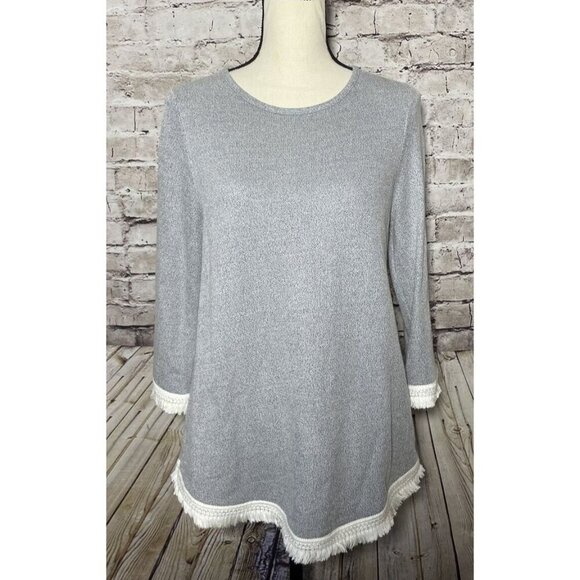 J Jill Gray 3/4 Sleeeve Shirt Fringe Edge Women’s S Casual‎ Neutral - Picture 1 of 4